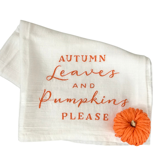 Autumn Leaves and Pumpkins Please Embroidered Tea Towel