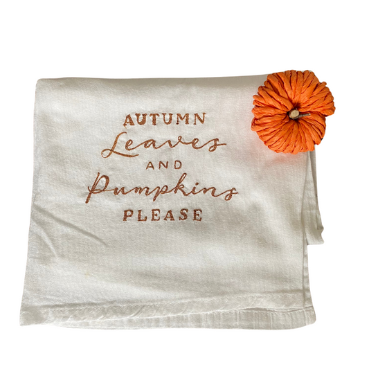 Autumn Leaves and Pumpkins Please Embroidered Tea Towel - Brown