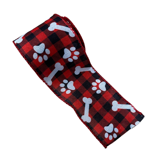 Red & Black Paw Print Wired Ribbon