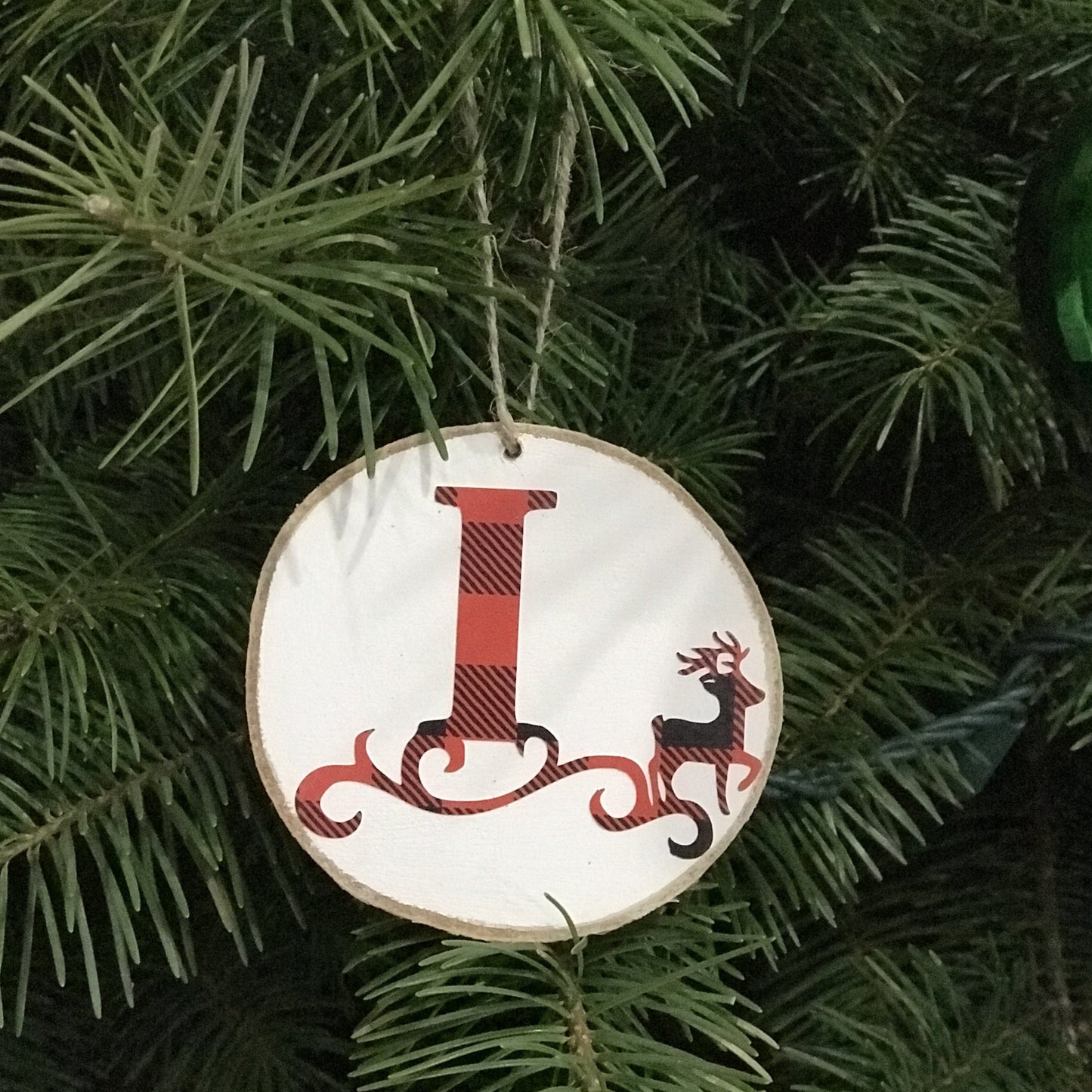 christmas ornament, wood slice, initial, letter ornament, buffalo plaid, red and black, name ornaments, reindeer, letter I 