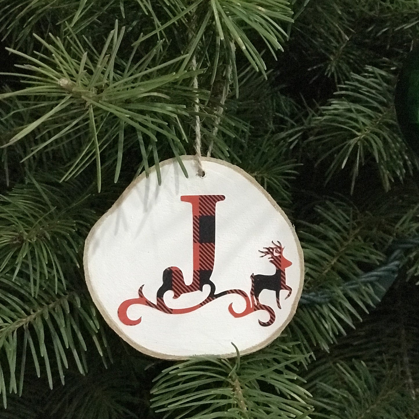 christmas ornament, wood slice, initial, letter ornament, buffalo plaid, red and black, name ornaments, reindeer, letter J