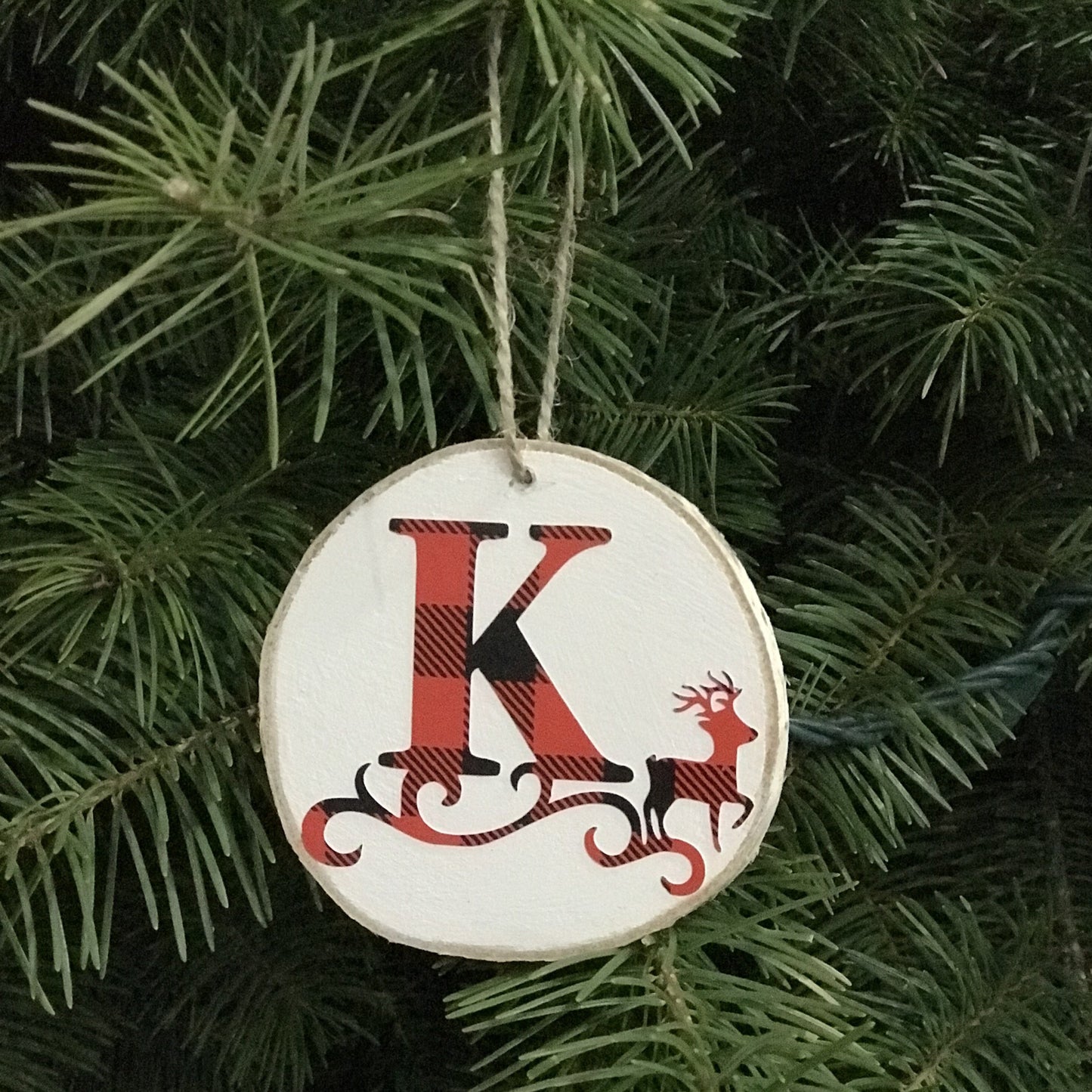 christmas ornament, wood slice, initial, letter ornament, buffalo plaid, red and black, name ornaments, reindeer, letter K