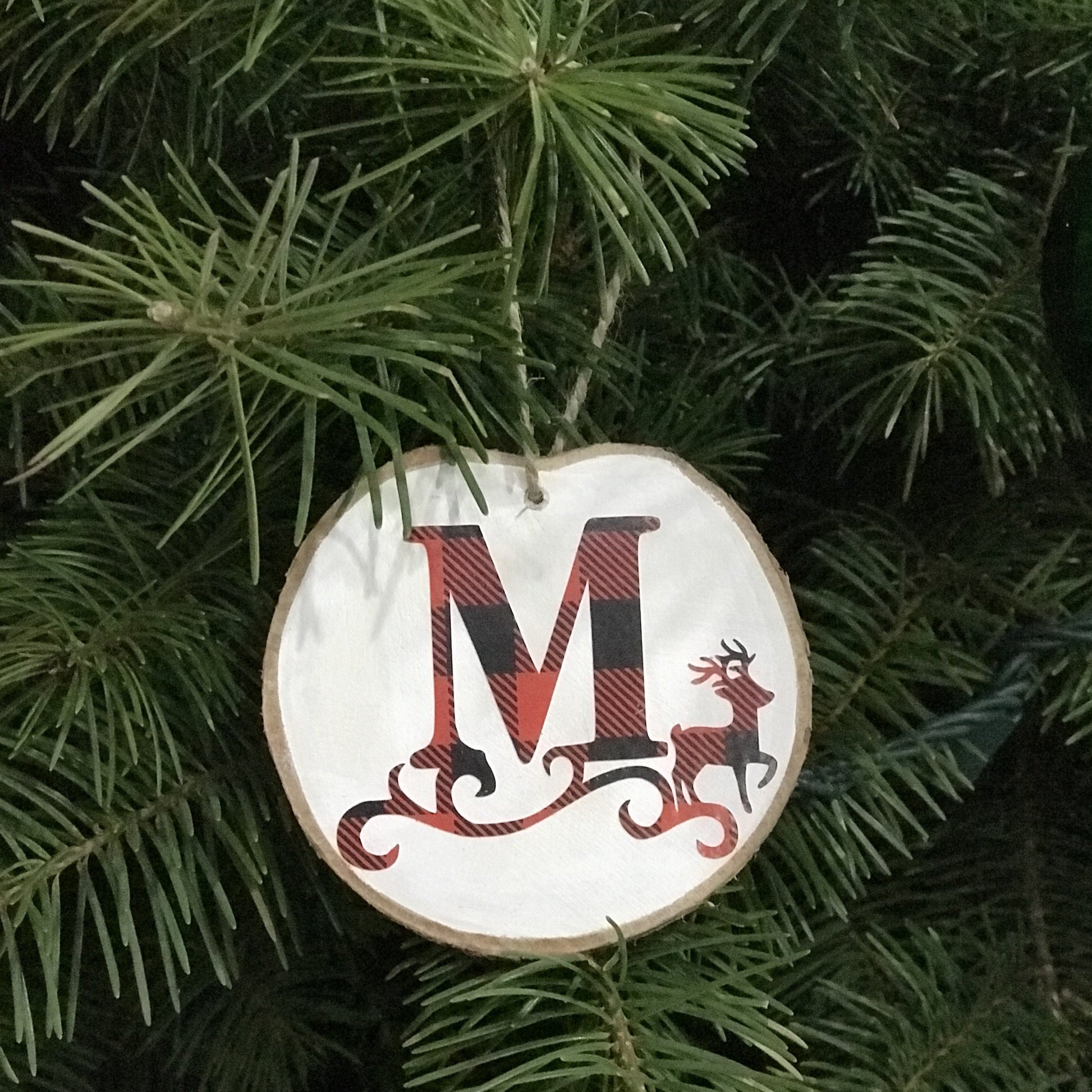 christmas ornament, wood slice, initial, letter ornament, buffalo plaid, red and black, name ornaments, reindeer, letter M