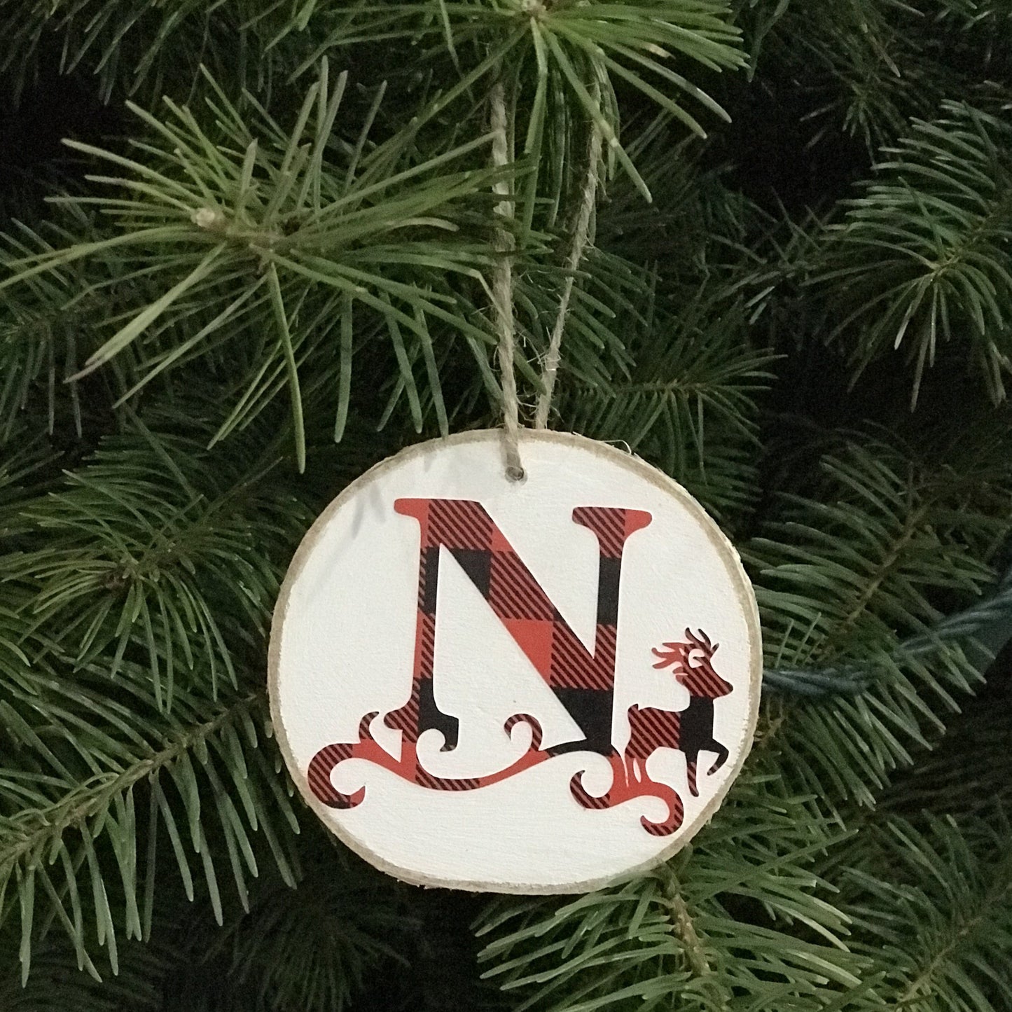 christmas ornament, wood slice, initial, letter ornament, buffalo plaid, red and black, name ornaments, reindeer, letter N