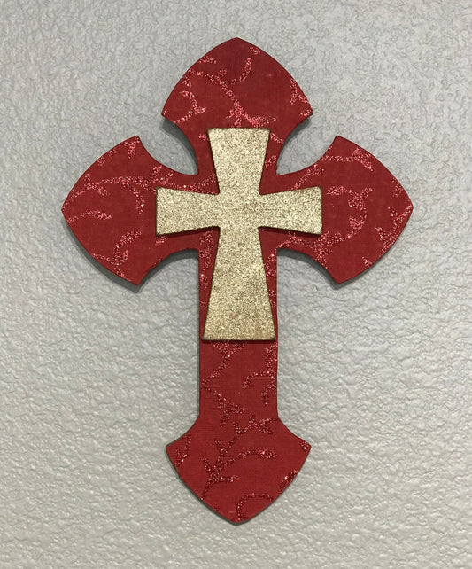 christmas decoration, wood cross, double cross, red and gold, christmas cross