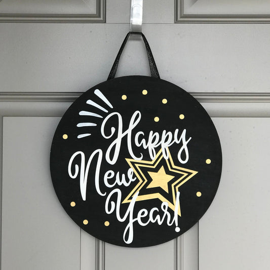 new year sign, wood round sign, new year door decor, 12 inch