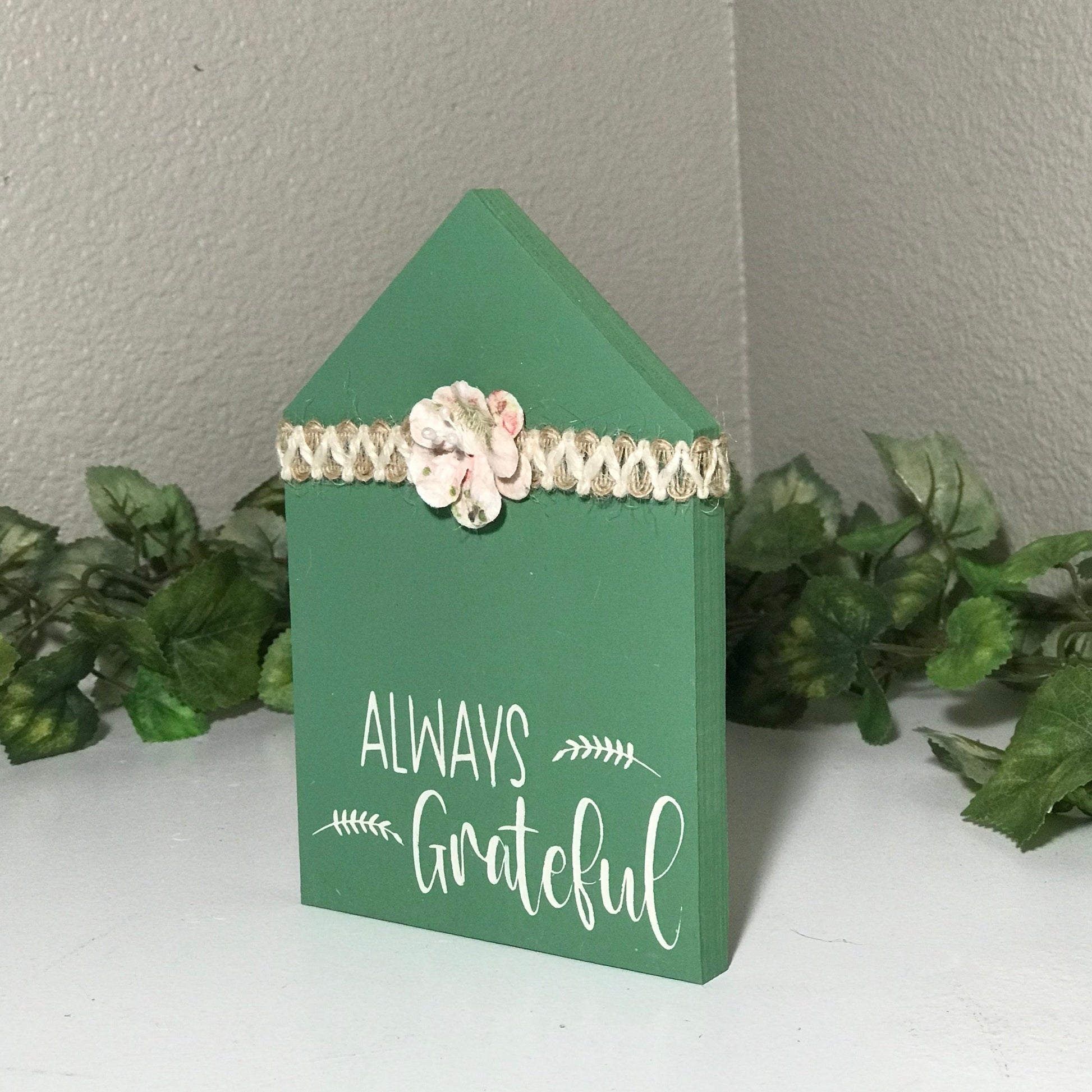 shelf sitter, mini wood house, always grateful, tiered tray sign