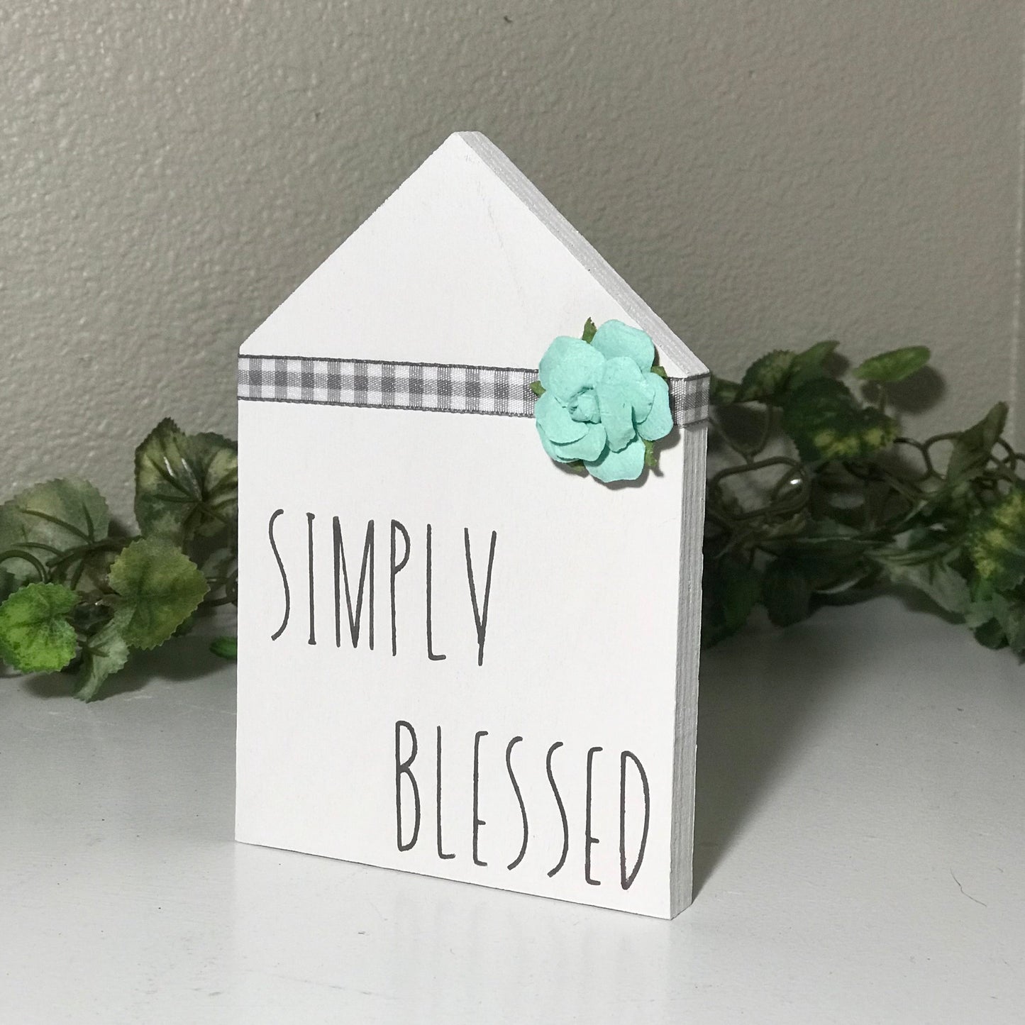 mini house shelf sitter, simply blessed, gray white teal, tiered tray sign, wood home