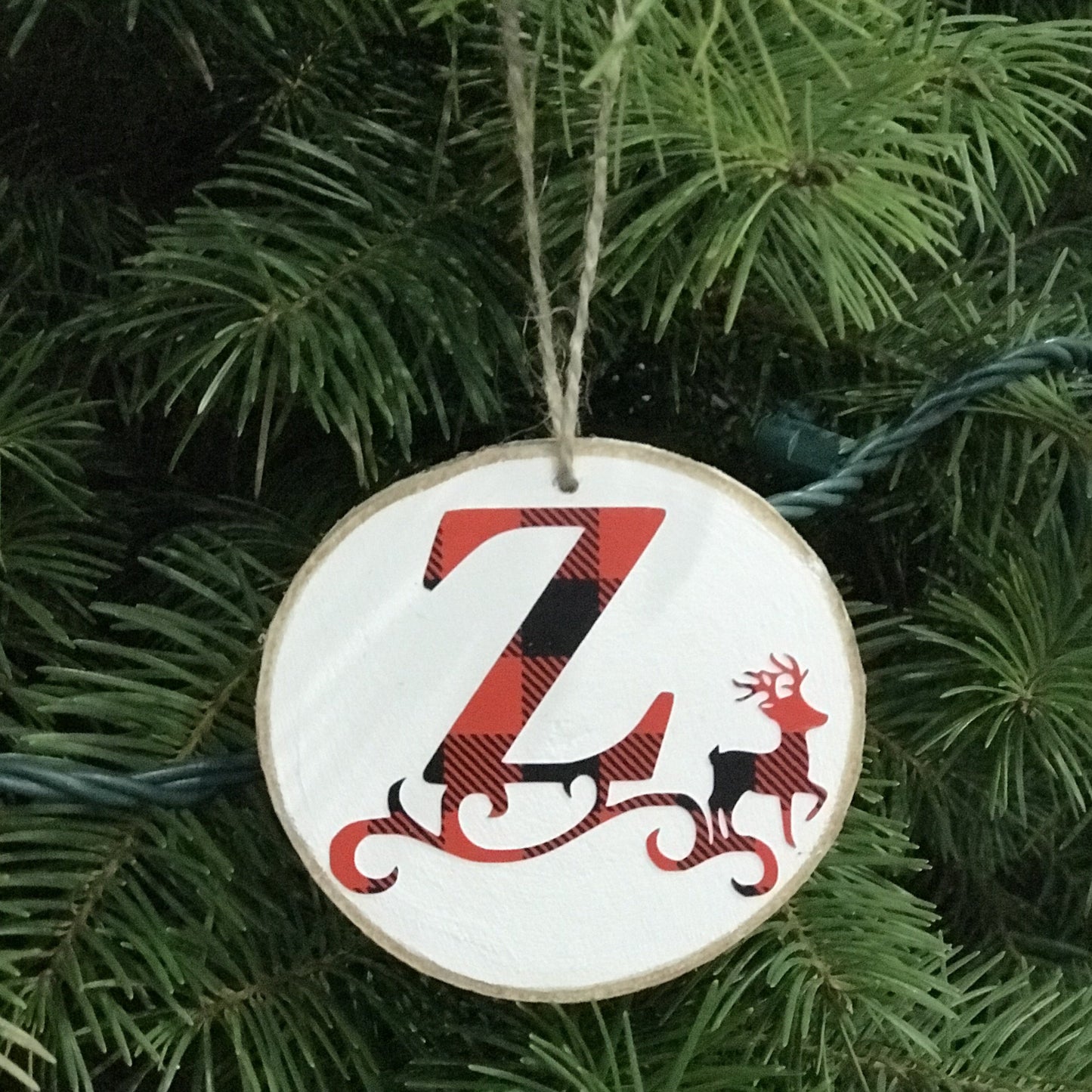 christmas ornament, wood slice, initial, letter ornament, buffalo plaid, red and black, name ornaments, reindeer, letter Z