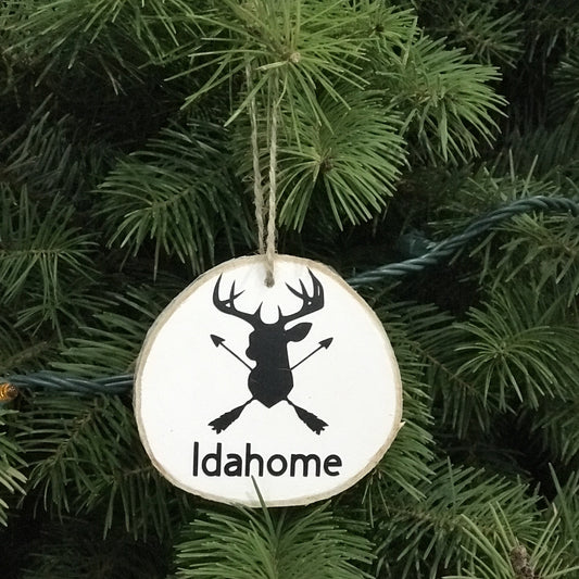 Christmas, Christmas ornament, idaho gift, idaho ornament, deer and arrow, woodland ornament, rustic ornament, rustic wood ornament, ornament exchange, wood slice ornament