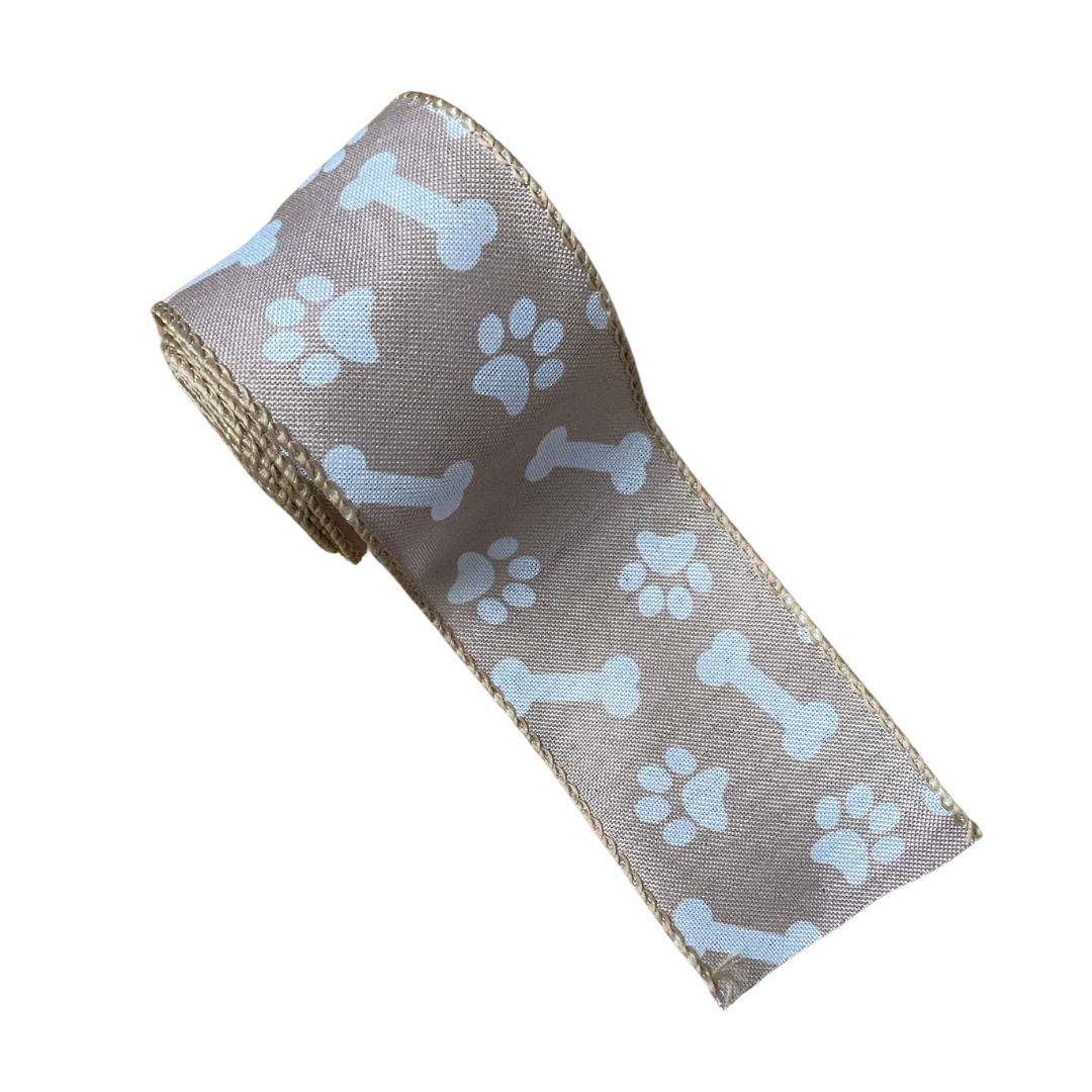 Beige Paw Print Wired Ribbon