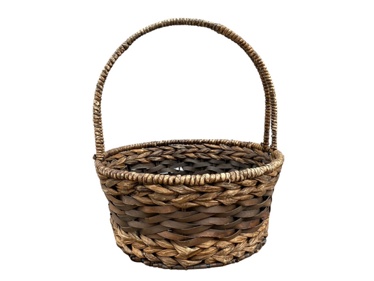 Two Tone Brown Woven Basket with Handle
