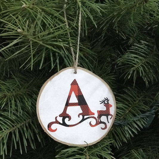 christmas ornament, wood slice, initial, letter ornament, buffalo plaid, red and black, name ornaments, reindeer, letter A